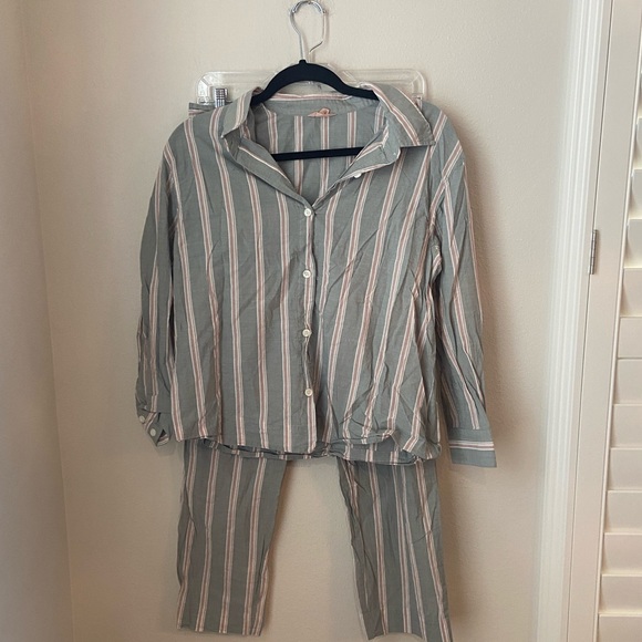 Eberjey Organic Sandwashed Willow Green Stripe Pajama Set S 100% Cotton - Picture 2 of 10